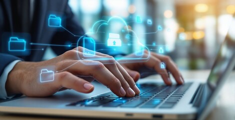 Hands typing on laptop keyboard, digital cloud icons with folders and upload symbols, futuristic style, blurred office background, concept of cloud storage. Ai generative
