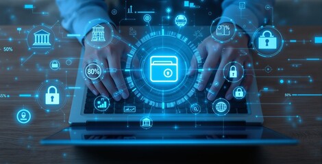 Hands typing on laptop with glowing fintech icons in holographic style over wooden background, concept of digital financial security and business. Ai generative