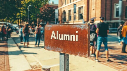 Alumni gathering outdoors: people socializing in university campus setting