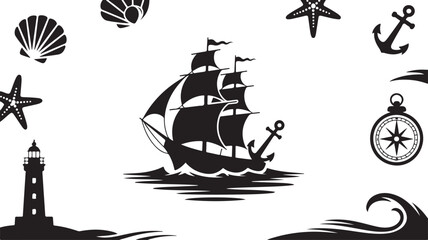 Nautical Silhouette Vector Collection in Black Featuring Sailboat, Anchor, Lighthouse and Sea Elements for Coastal Decor and Marine Adventure Design
