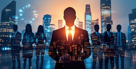 Business professionals silhouettes with digital data overlay, creative futuristic style, in front of glowing city skyline background. Concept of innovation. Ai generative