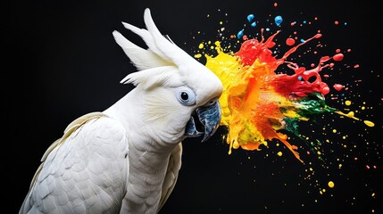 White Cockatoo with Colorful Paint Explosion