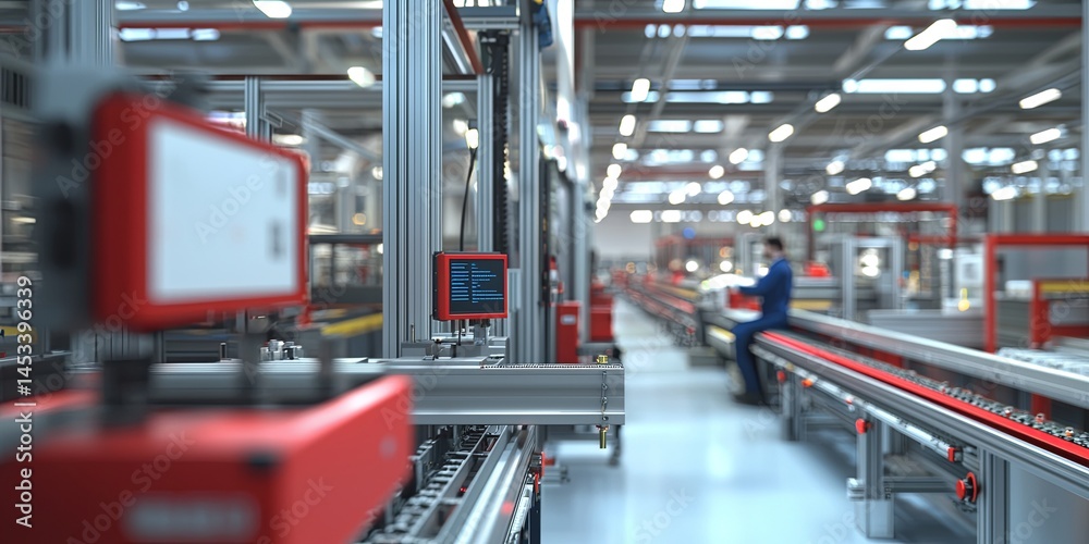 Poster modern industrial factory interior with advanced automation technology and conveyor systems in a bri