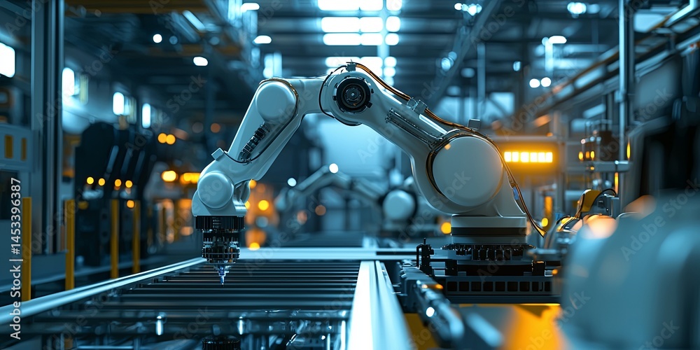 Poster Advanced industrial robotic arm working on automated production line in modern factory illuminated by bright lights and sleek design elements