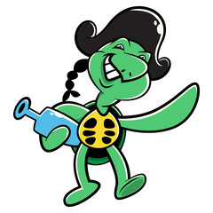 Obraz premium Funny Green Turtle cartoon characters wearing pirate hat and carrying a bottle of rum. Best for sticker, logo, and mascot with summer themes