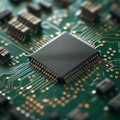 Obraz premium Macro shot of a sensor chip on a green circuit board