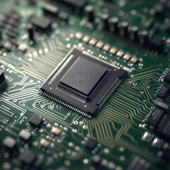Macro shot of a sensor chip on a green circuit board