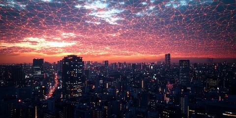 Fototapeta premium Futuristic City Skyline at Sunset with Digital Network Overlay Indicating Connectivity and Modern Technology in Urban Environment