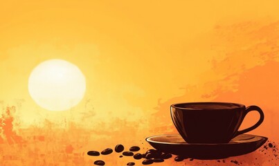 Obraz premium Warm Morning Vibes with Coffee Cup and Bright Sunrise Background