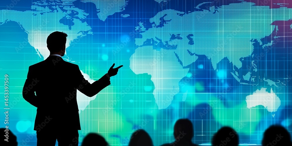 Fototapete Professional presenter gesturing towards a digital world map background, showcasing global business trends and data visualization in a corporate setting