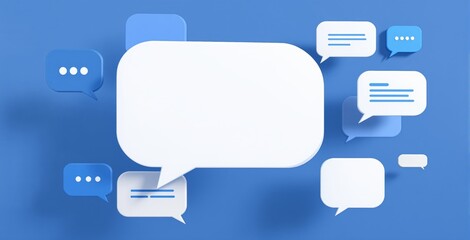 Empty speech bubble surrounded by multiple chat icon elements in a minimal 3D style on a plain blue background, concept for template or business design. Ai generative