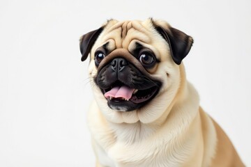Obraz premium A fluffy pug, posed against a pure white backdrop, breed, dog, white background