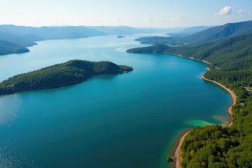 Obraz premium Abstract aerial view of lake, showing winding shoreline and islands , water body, landscape, water