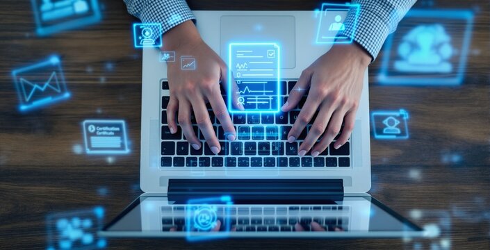 Hands of business person typing on laptop with glowing digital data interface icons, futuristic creative style on wooden desk background. Ai generative