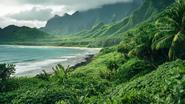 Lush vegetation meets deserted ocean beach at Tahuata in the Marquesas Islands, Deserted ocean beach lush vegetation Tahuata Marquesas Pacific
