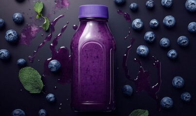 Fresh Blueberry Smoothie in Glass Bottle Surrounded by Berries