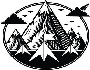 Mountain Range with Flags and Birds Vector - Adventure Design