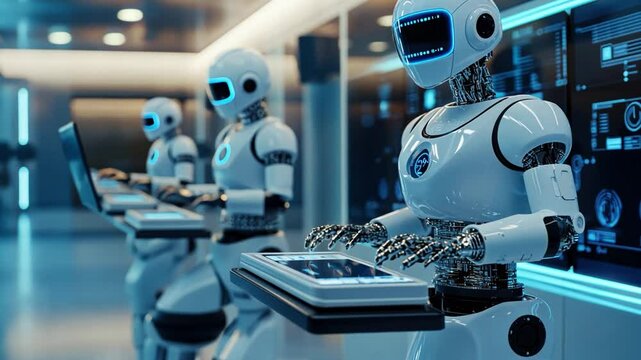 Robots in Action: A futuristic scene unfolds, with a row of sophisticated robots diligently working on their tasks, symbolizing the evolution of technology and the age of artificial intelligence.