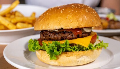 Beef burger with cheese with francs fries at the top table