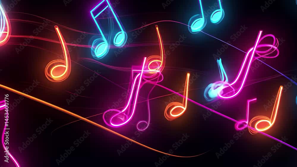 Poster neon musical notes glowing in vibrant colors create an energetic atmosphere at a music event, animat