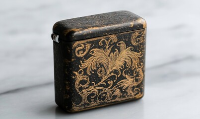 Dark, ornate, square measuring tape case.  Intricate gold filigree design on dark background