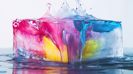 Melting Ice with Paint: A block of ice melting in mid-air, with multicolored paint streaming down, creating a blend of colors and textures. 
