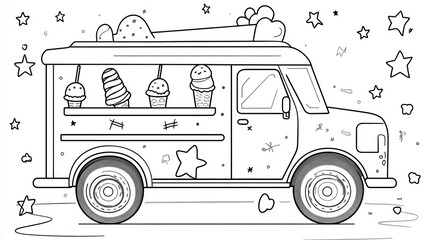 A coloring page of an ice cream truck.  The truck has a variety of ice cream treats displayed on a top shelf.  Stars and other simple designs adorn the vehicle