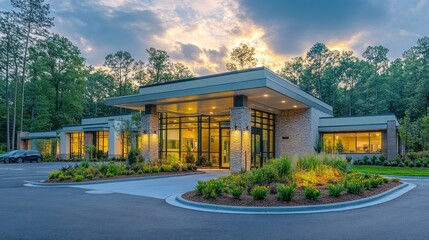 Modern medical facility at dusk