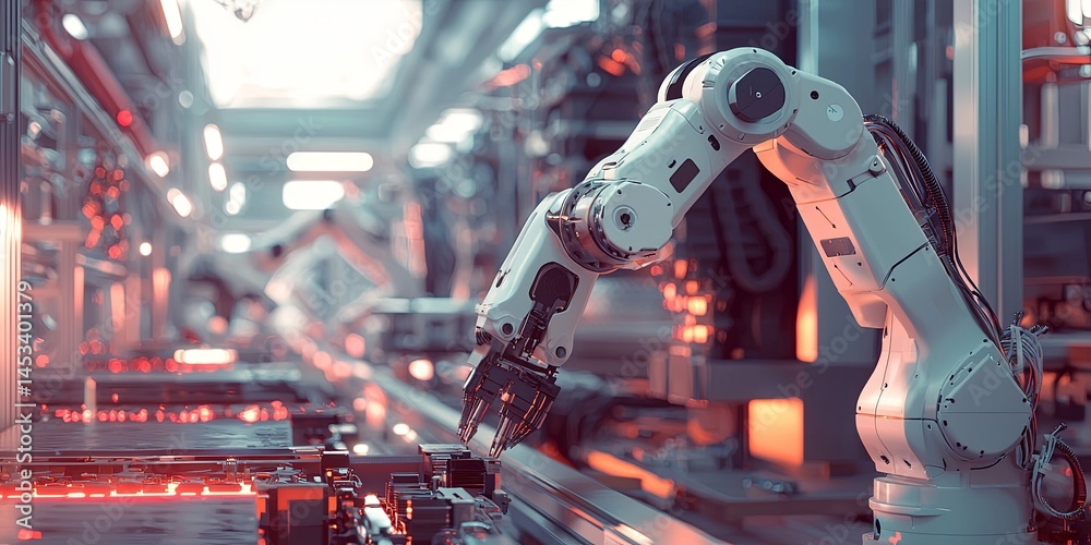 Poster Advanced robotic arm performing precise assembly tasks in a modern automated manufacturing facility with futuristic technology and optimized workflows