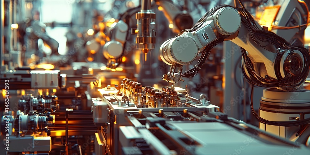 Poster High-Tech Industrial Automation with Robotic Arm in Modern Manufacturing Facility Enhancing Precision and Efficiency in Assembly Line Operations