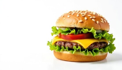 Isolated burger on white backdrop, sesame seeds visible , cheese, onion