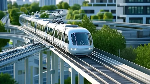 High-Speed Train on Elevated Track: Futuristic high-speed train glides effortlessly along an elevated track, showcasing modern transportation technology and urban design. 