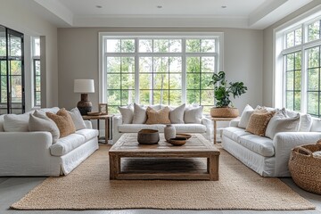 Modern, light-filled living room with comfortable seating and natural decor.