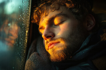 Man sleeping on bus, head resting against window, sunlight creating soft shadows. People around him reading or staring ahead. Peaceful atmosphere.