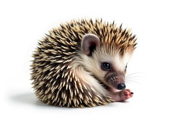 Fototapeta premium Small hedgehog, curled up, isolated on white background, mammal, wild