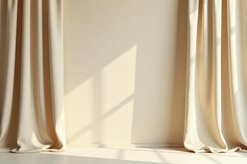 Soft, textured linen curtains, neutral beige backdrop, stage backdrop, studio