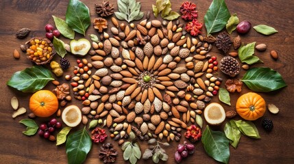 Fototapeta premium Autumnal Mandala: A Nutty and Colorful Harvest Arrangement