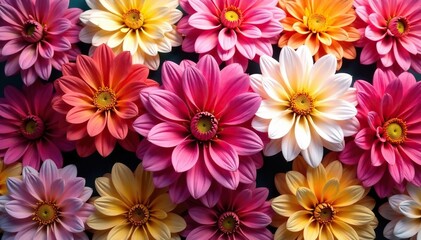 Bold dahlia blossoms, lush, overlapping petals, geometric arrangement , elegant, floral