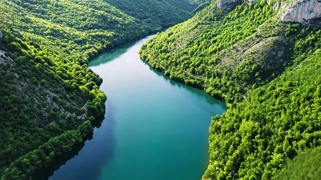 Beautiful summer river winding through lush green forest landscape from above, Beautiful river and green forest in summer, aerial view