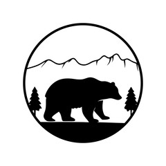 Black bear silhouette vector in mountain landscape scene for wildlife and nature themed designs and prints