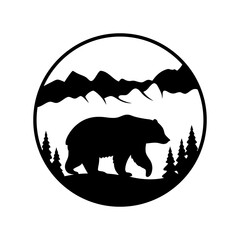 Bear silhouette in mountain landscape circle wildlife adventure nature outdoors vector illustration design