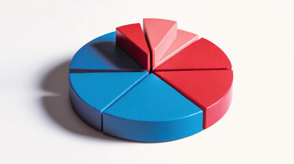 Obraz premium Colorful pie chart with missing slice, featuring red and blue segments, symbolizes incomplete data or analysis