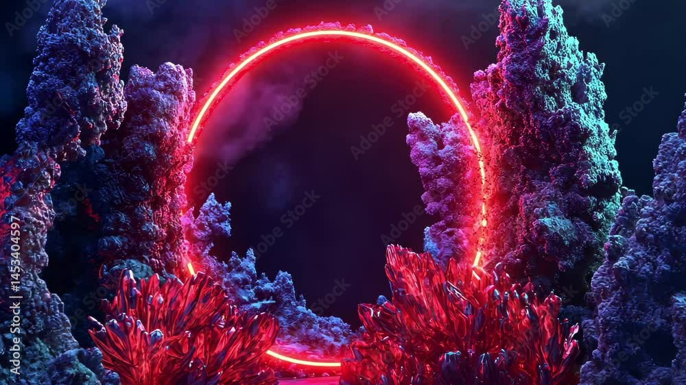 Poster Abstract cycled background combining red and blue neon elements with crystal formations and glowing arch, ing 3d Abstract cycled background with red blue neon frame
