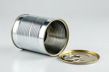 Shiny Metal Can with Lid on White Background, Food Storage Container, Empty Tin Can, Silver Steel