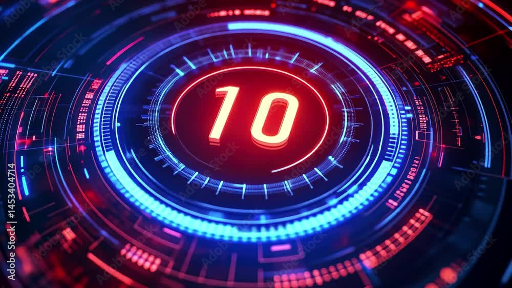 Poster countdown from ten to zero displayed over a futuristic data processing interface, countdown from ten