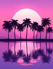 Pink Sunset Over Water With Silhouetted Palm Trees