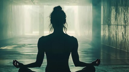Female silhouette practices yoga in a serene indoor space with natural light, A female silhouette practicing yoga movements and mindful meditation