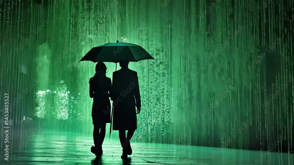 Poster digital rain evokes a cyberpunk atmosphere with silhouettes under an umbrella at night, matrix digit