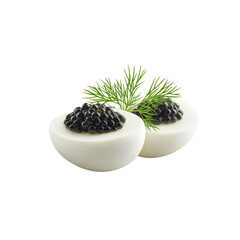 Gourmet Delicacy Hard-Boiled Eggs Topped with Black Caviar and Fresh Dill