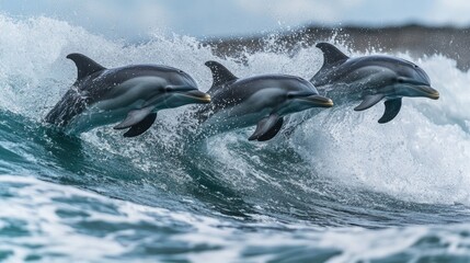 Obraz premium Three Dolphins Leaping Through a Wave